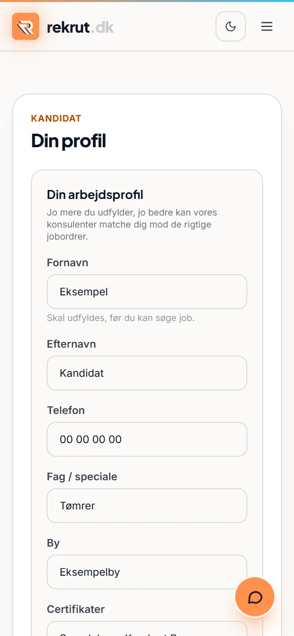 Kandidatens profilside på rekrut.dk – opdigtede eksempeldata