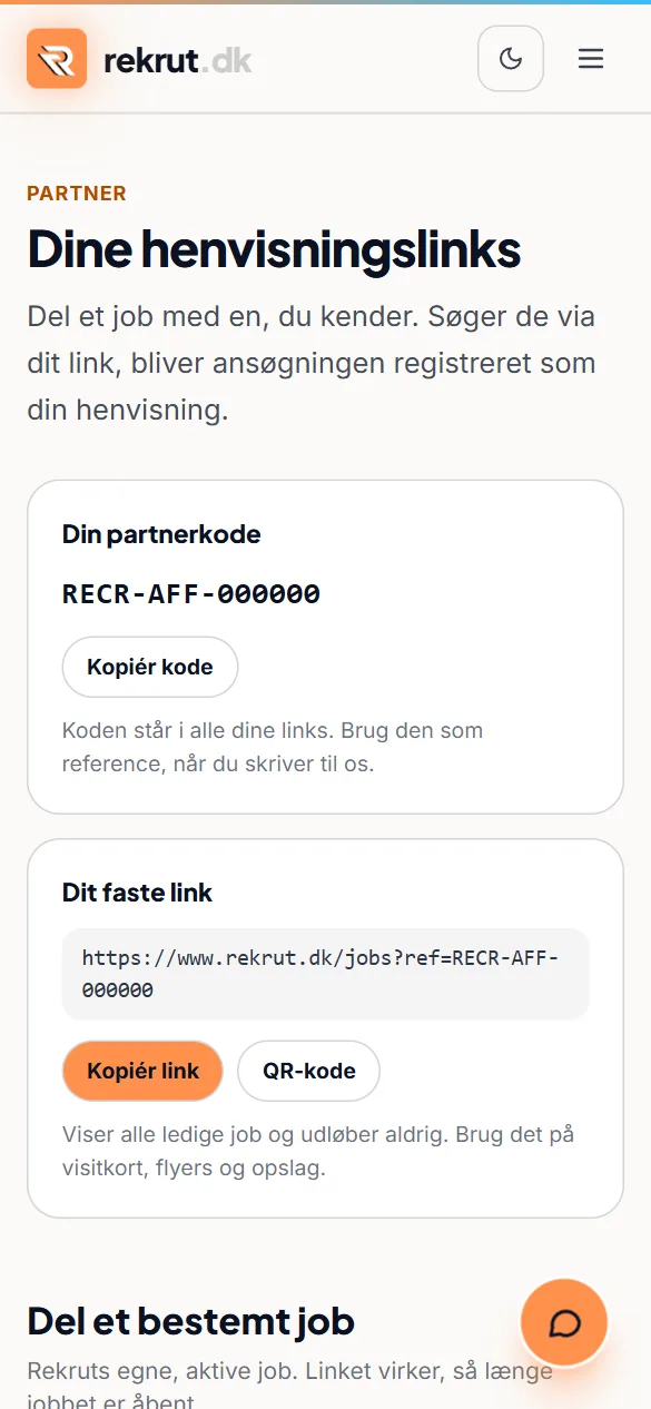 Partnerens side på rekrut.dk med kode, link og henvisninger – opdigtede eksempeldata